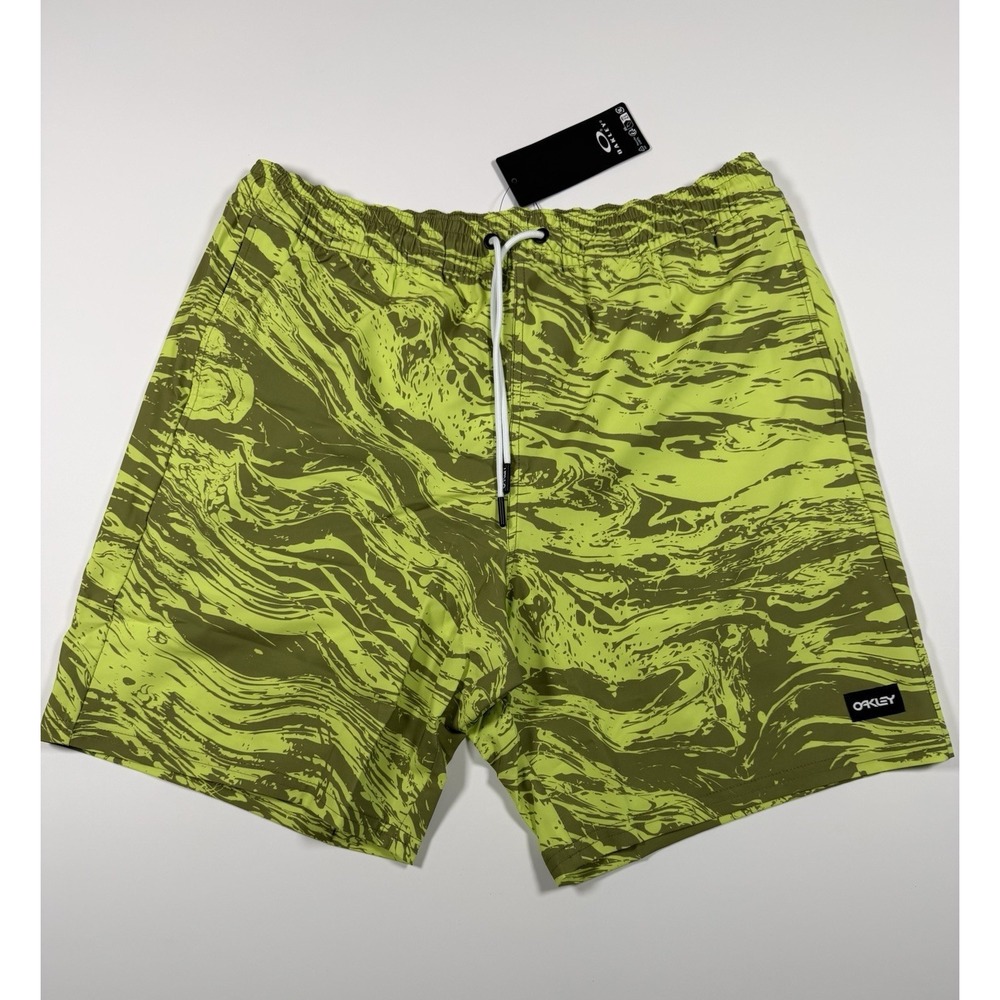 Oakley Swim Trunks Mens Medium Green Swirl Canary Palms RC 18 inch Beachshort